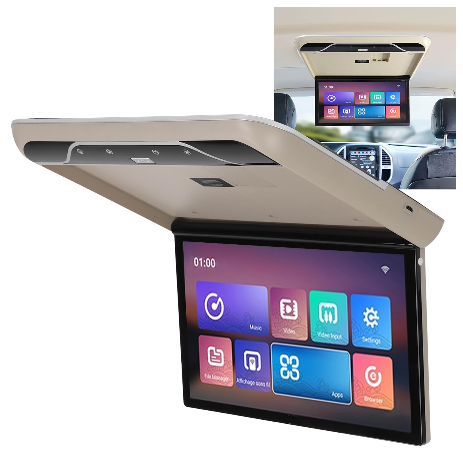 Monitor de Montaje en el Techo del Coche, Pantalla Abatible Montada en el Techo del Coche de 19 Pulgadas, Compatible con HDMI Y TV con Control Remoto Android 9.0(Beige)