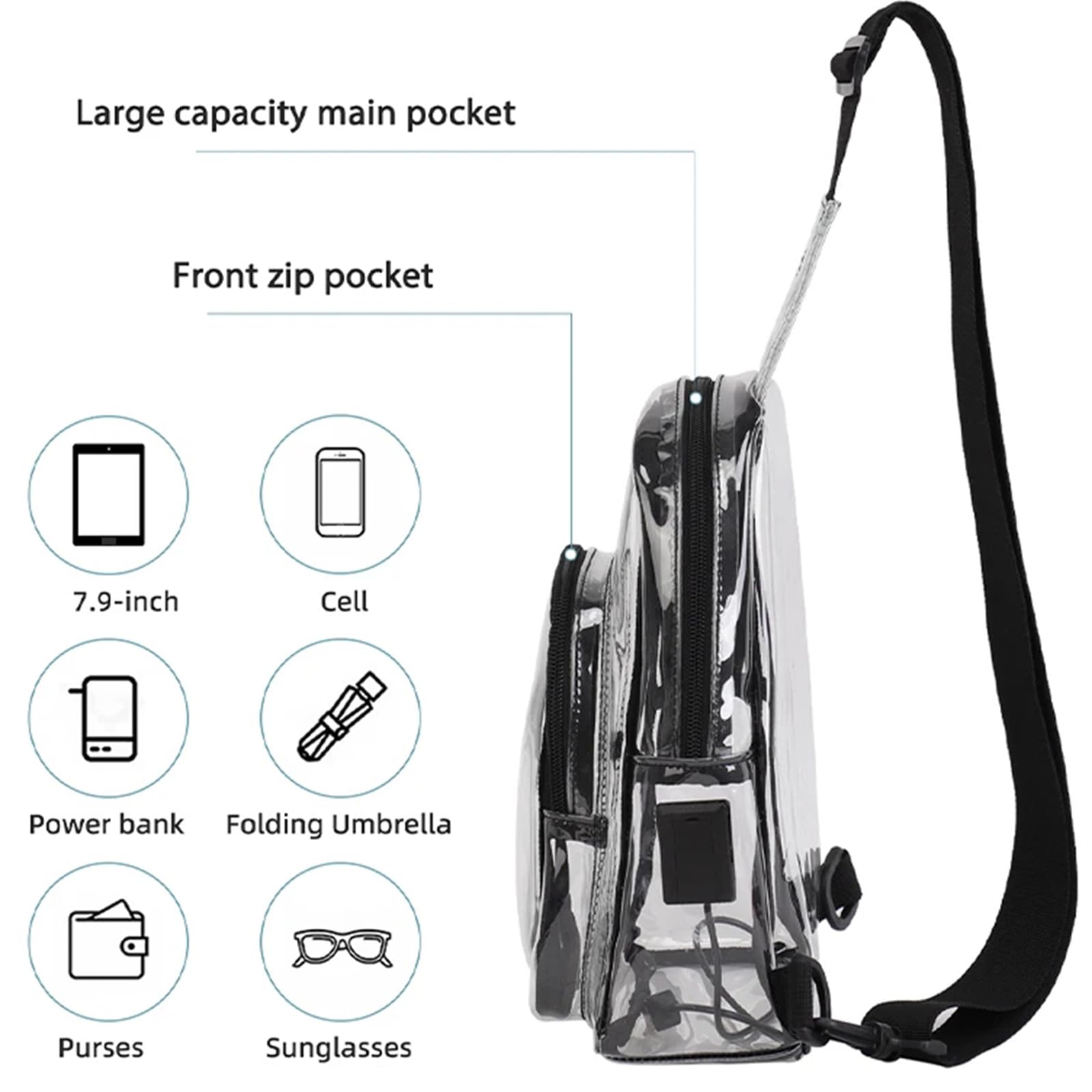 Morain Bolsas cruzadas, bolsa transparente aprobada por el estadio, mochila cruzada, mochila simple para el pecho, bolsa bandolera para eventos de estadio, conciertos, Black