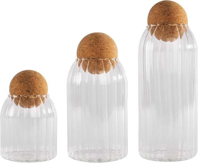 Cork Ball Lid Ribbed Glass Storage Jars - Set of 3 | Perfect For Retro Sweets | Tea Coffee Sugar Canisters | Glass Container | Bath Salts | Decorative Jars | M&W