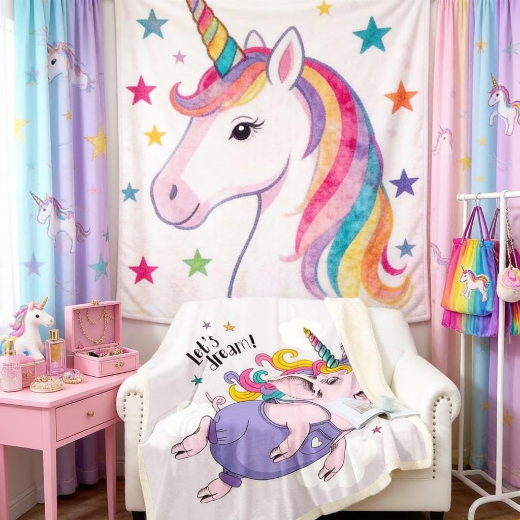 Loussiesd Unicorn Sherpa Blanket Dreamy Pig Printed Fleece Blanket for Chair Sofa Couch Cute Magical Animal Fuzzy Blanket Stain Resistant Cartoon Colorful Rainbow Room Decor Baby 30"x40" — image 1
