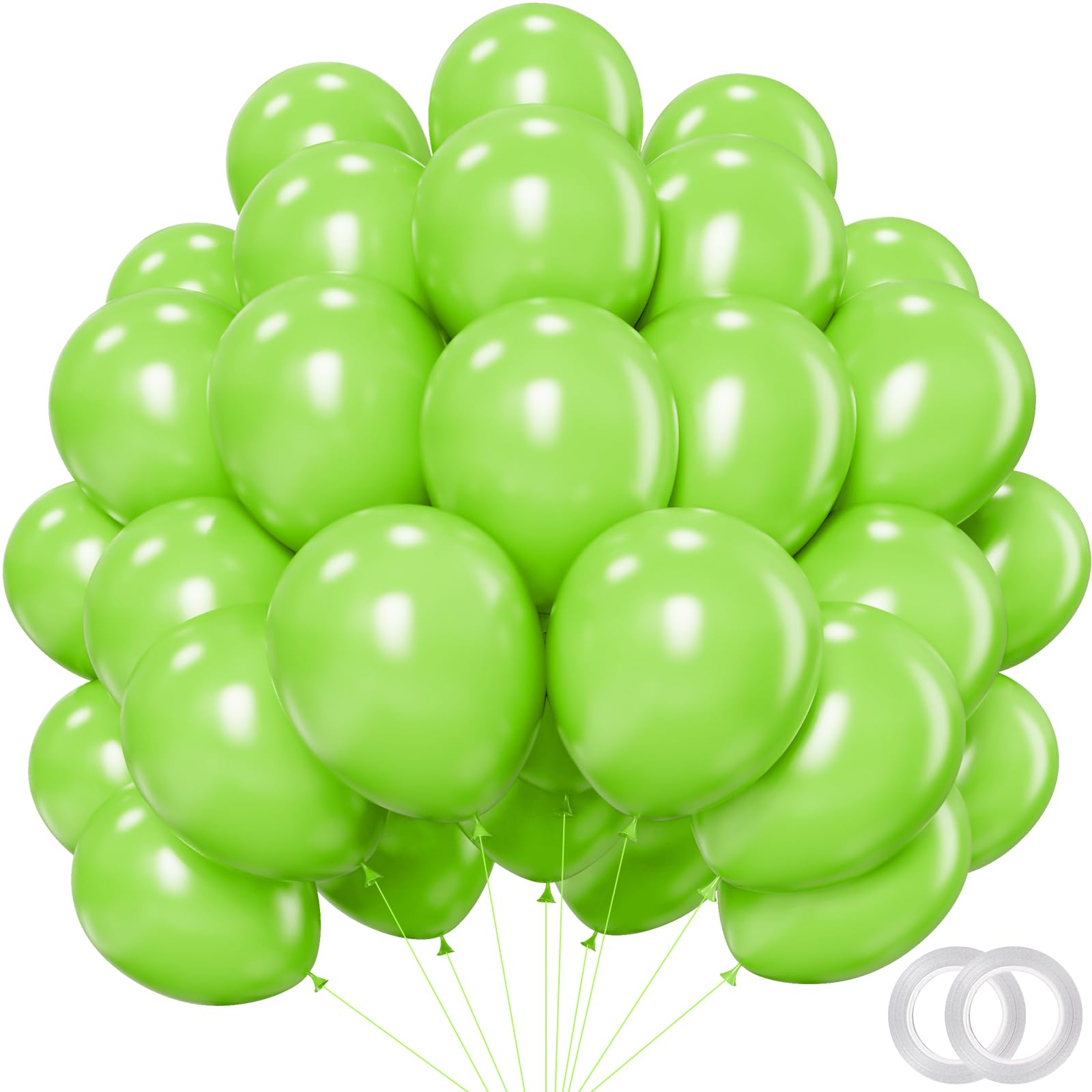PatiCool Lime Green Christmas Balloons - 12 inch 100pcs Latex - Round Light Green Birthday Balloons with 2 Ribbons for Birthday Dinosaur Jungle St