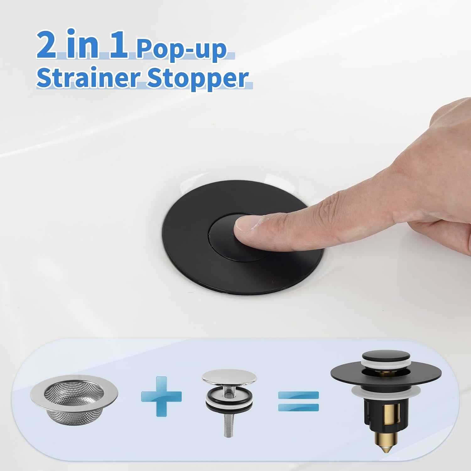 iFealClear 2 Pack Metal Universal Bathroom Sink Stopper, Upgraded Stainless Steel Sink Drain Strainer for 1.1''~2.36" Basin Pop Up Drain Strainer, Anti-Clogging Filter Basket, Matte Black