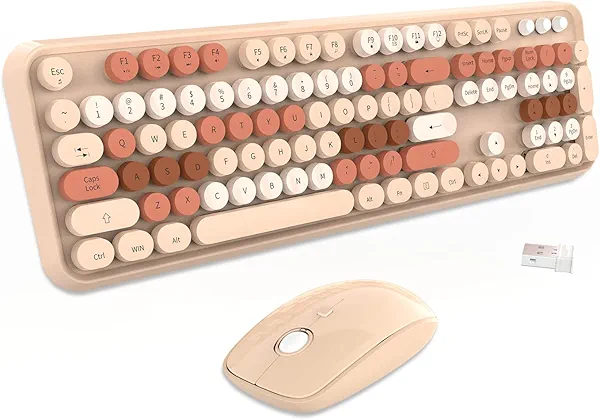 Wireless Keyboard and Mouse Combo - Cute Colorful Keyboard and Mouse, Retro Typewriter Keyboard with 2.4GHz Plug & Play, for Windows 11/10/7, Laptop, PC (Milk Tea Wireless Keyboard and Mouse)