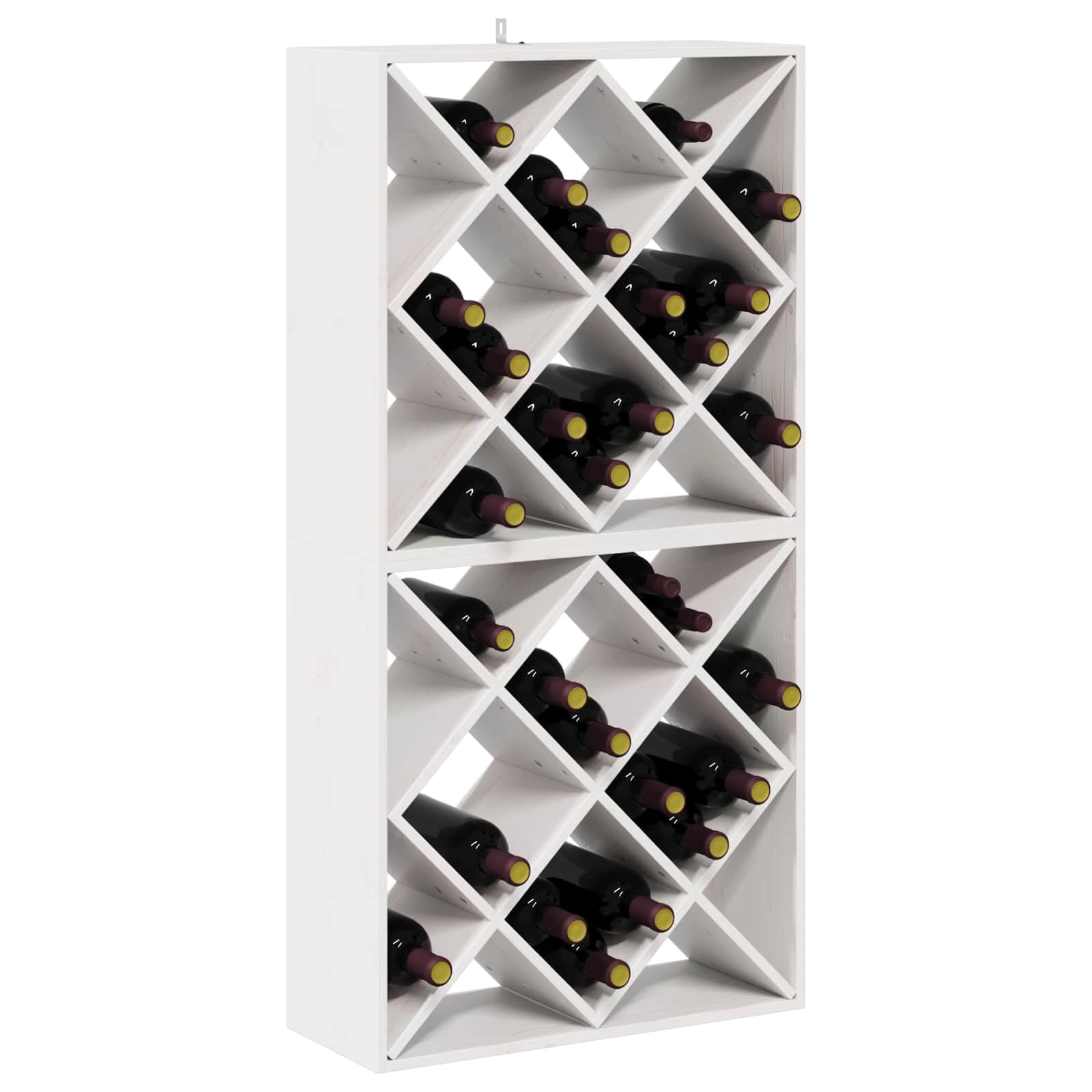 Botellero de madera de pino maciza, juego de 2 unidades, color blanco, 62 x 25 x 62 cm, para botellas de vino, interior, con espacio de almacenamiento para sala de estar y cocina