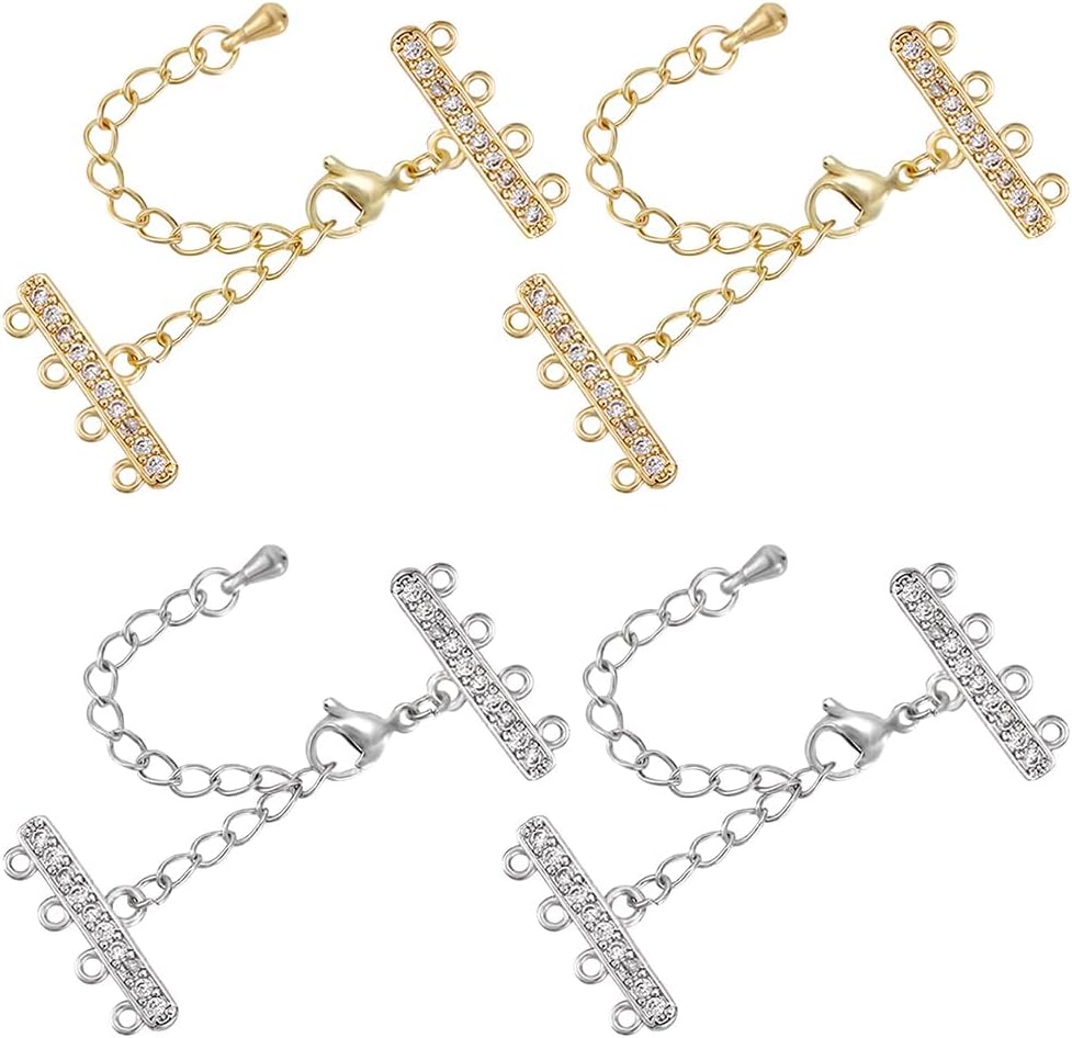 Beebeecraft 3 Sets 3 Style Layering Clasp 18K Gold Plated Cubic Zirconia Multi Strand Layered Necklaces Clasps Adjustable Chain Connectors with Lobster Claw Clasps for DIY Jewelry Making