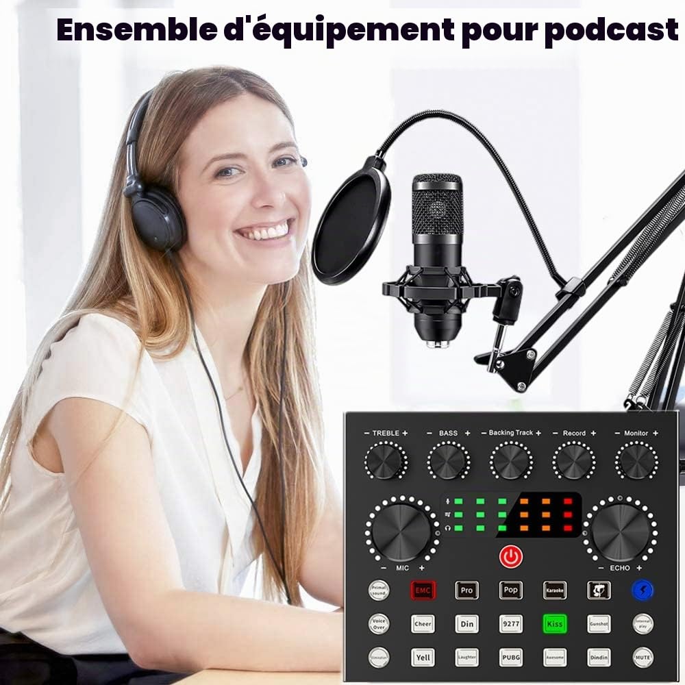 Ensemble d'équipements de podcast, ensemble de microphone de podcast BM800 avec changeur de voix V8s, pack studio d'enregistrement de microphone à condensateur pour podcasting, livestreaming, chanter