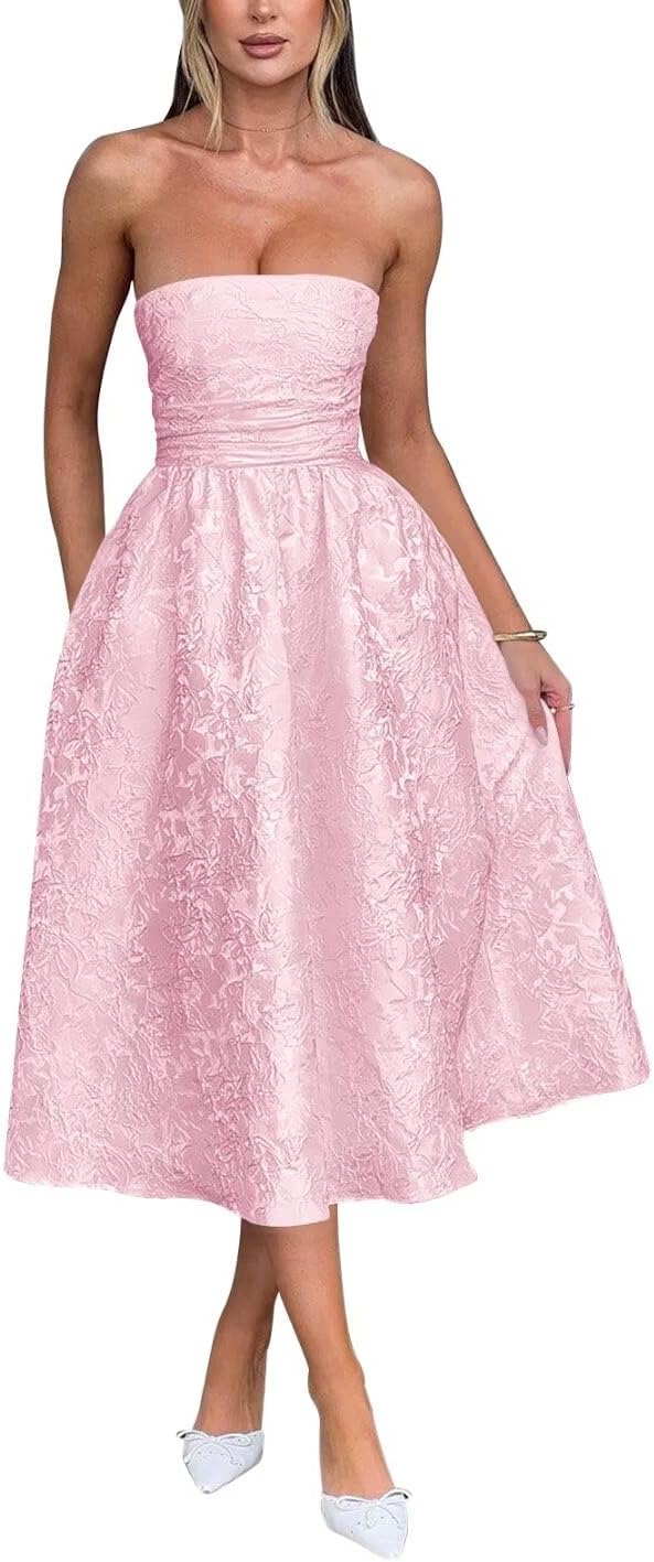 Floral Prom Dresses Satin Strapless A Line Tea Length Formal Corset Evening Party Gowns Pink US18W