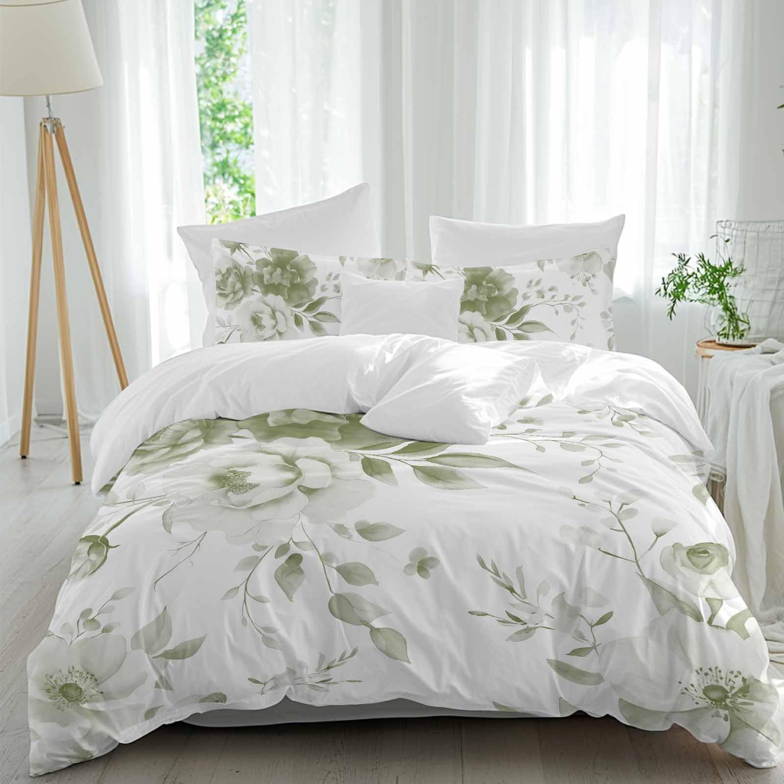 Sage Green Leaves Bed Duvet Cover Queen Size Washed Patterned Textured Duvet Cover Sets with Zipper Tiers Microfiber