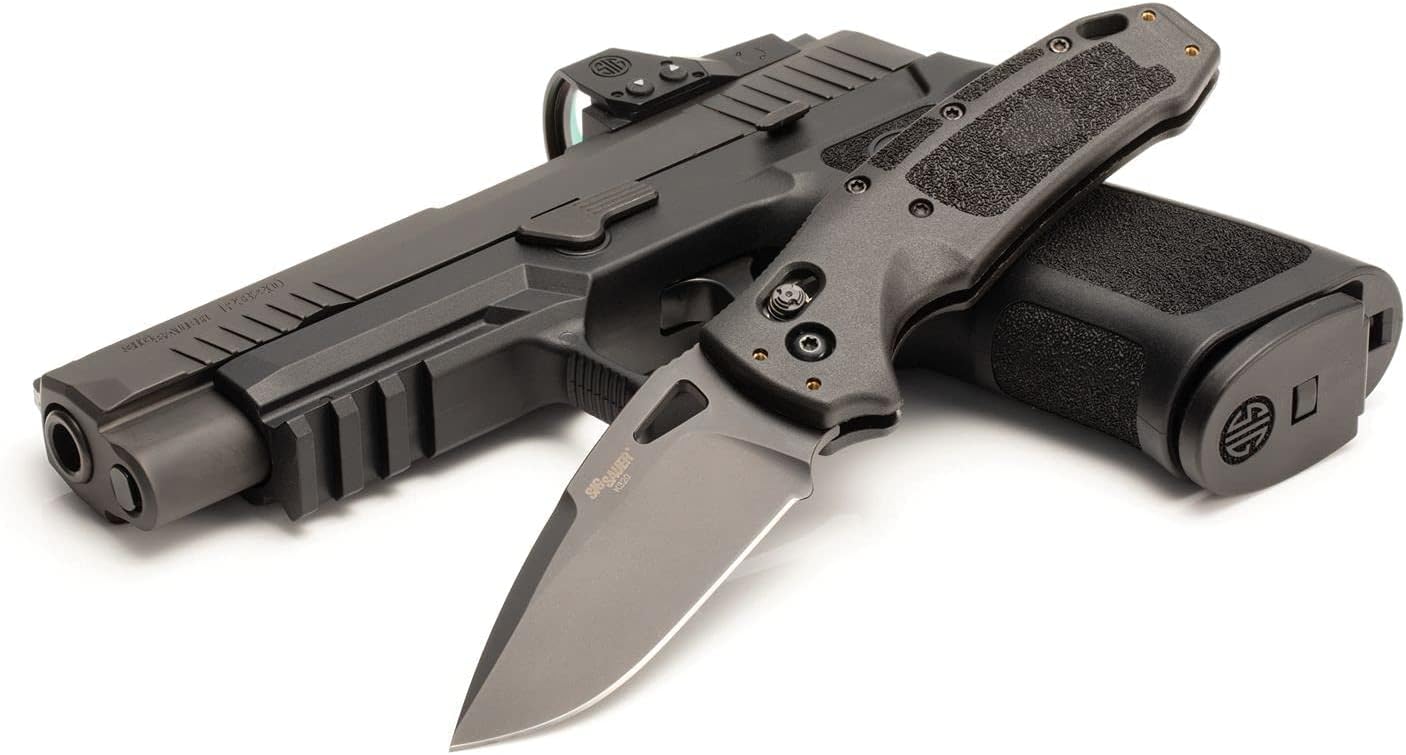 Hogue SIG K320 Nitron 3.5” Folder CPM S30V Drop Point Blade Black Cerakote Finish, Stippled Polymer Frame ABLE Lock Manual Knife, Black - 36370