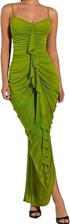 SKAYS Women's Summer Cami Ruffle Ruched mesh Elegant Split Bodycon Maxi Party Wedding Guest Dress