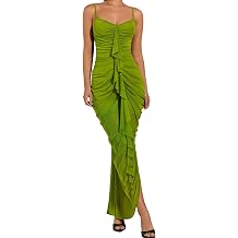 SKAYS Women's Summer Cami Ruffle Ruched mesh Elegant Split Bodycon Maxi Party Wedding Guest Dress