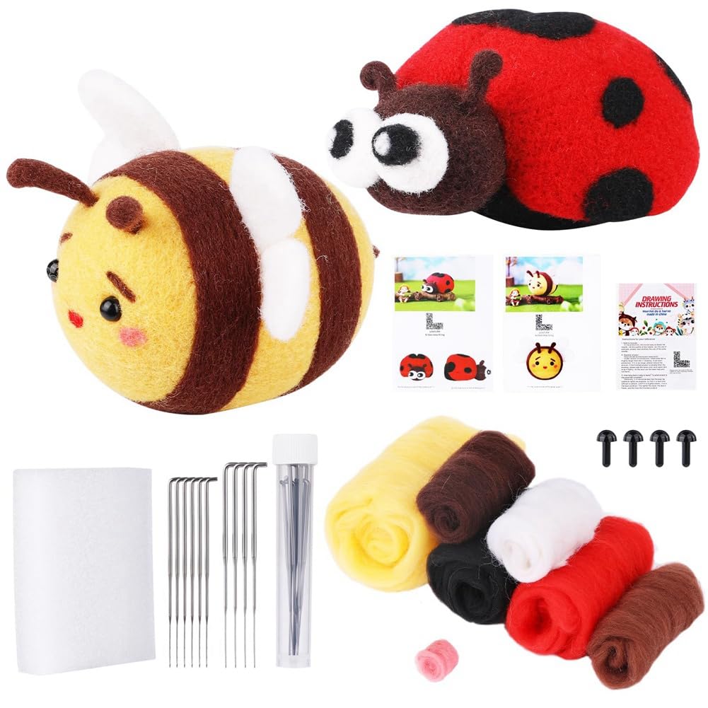JOUSE Needle Felting Kit (Ladybug, Bee), with Instruction, Felting Foam Mat, Wool Felting Supplies