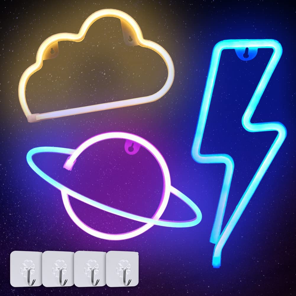 panthemNeon Light Sign, 3 Pcs Light Planet Cloud Space Neon Sign Battery USB Neon Sign Light for Bedroom, Playroom, Bar, Party, Nursery, Birthday Party