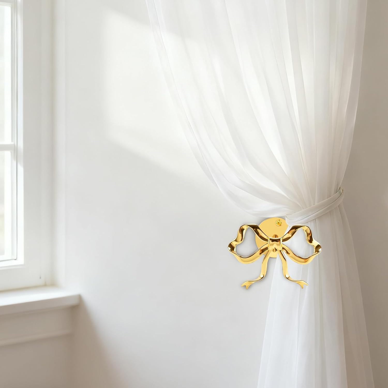 Bow Curtain Holdbacks, 4pcs Gold Metal Decorative Curtain Tiebacks Wall Mounted Bow Wall Hooks for Bedroom Living Room