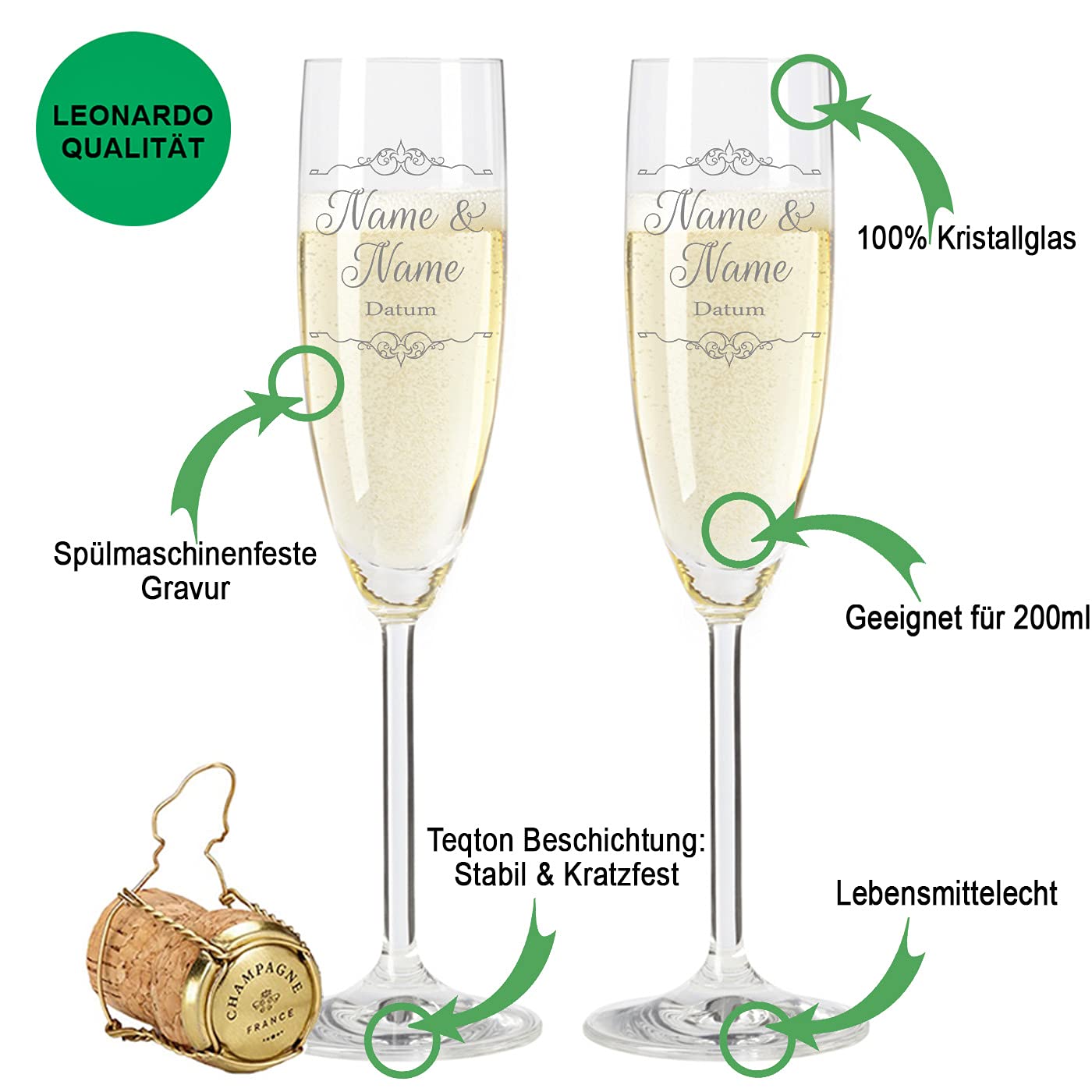 GRAVURZEILE Leonardo Sektgläser - Vintage Wedding Design + Holzkiste - personalisiert graviert mit Namen & Datum - inkl. Vintage-Holzkiste - Geschenk zur Hochzeit, Verlobung & Jahrestag