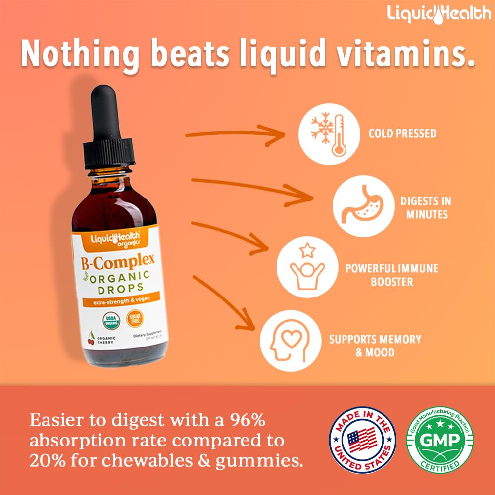 LIQUIDHEALTH USDA Organic Vitamin B Complex Drops for Men & Women - Natural Energy, Improved Focus, Memory & Mood, Immune Support, Metabolism Boost - USA Made, Extra Strength, Sugar Free, Vegan (2 oz) — Amazon image 2