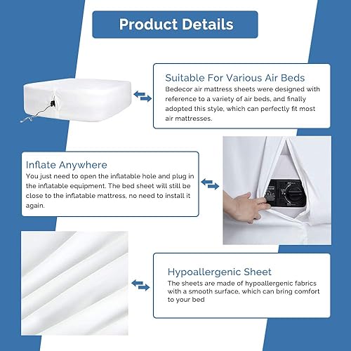 Miniatura 2 de Bedecor Sábana bajera ajustable para colchón de aire inflable sin desmontaje conveniente y firme de profundidad hasta 21 pulgadas, color blanco,