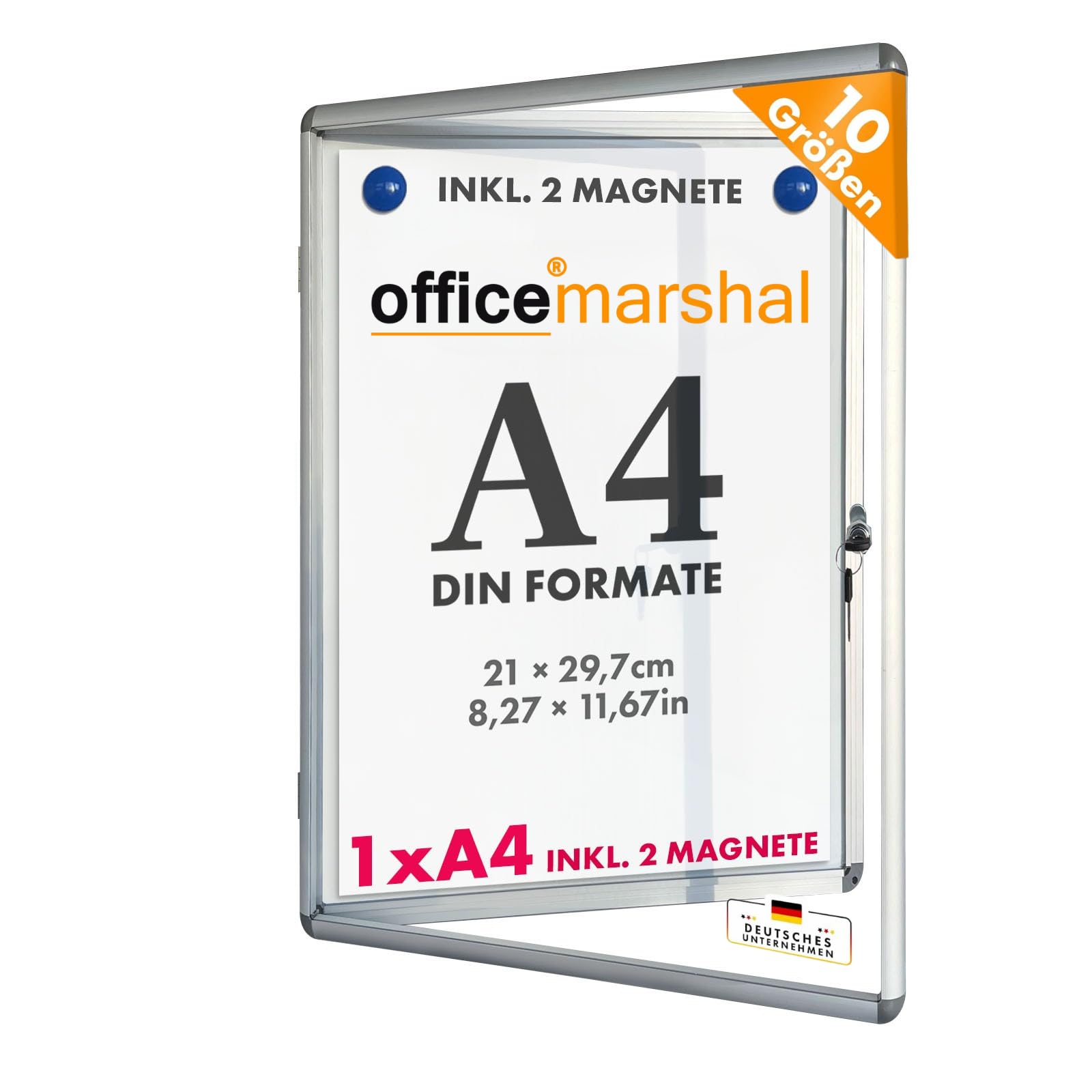 OfficeMarshal Vitrine 1 x A4 avec 2 aimants - Panneau arrière magnétique et inscriptible - Avec cadre en aluminium