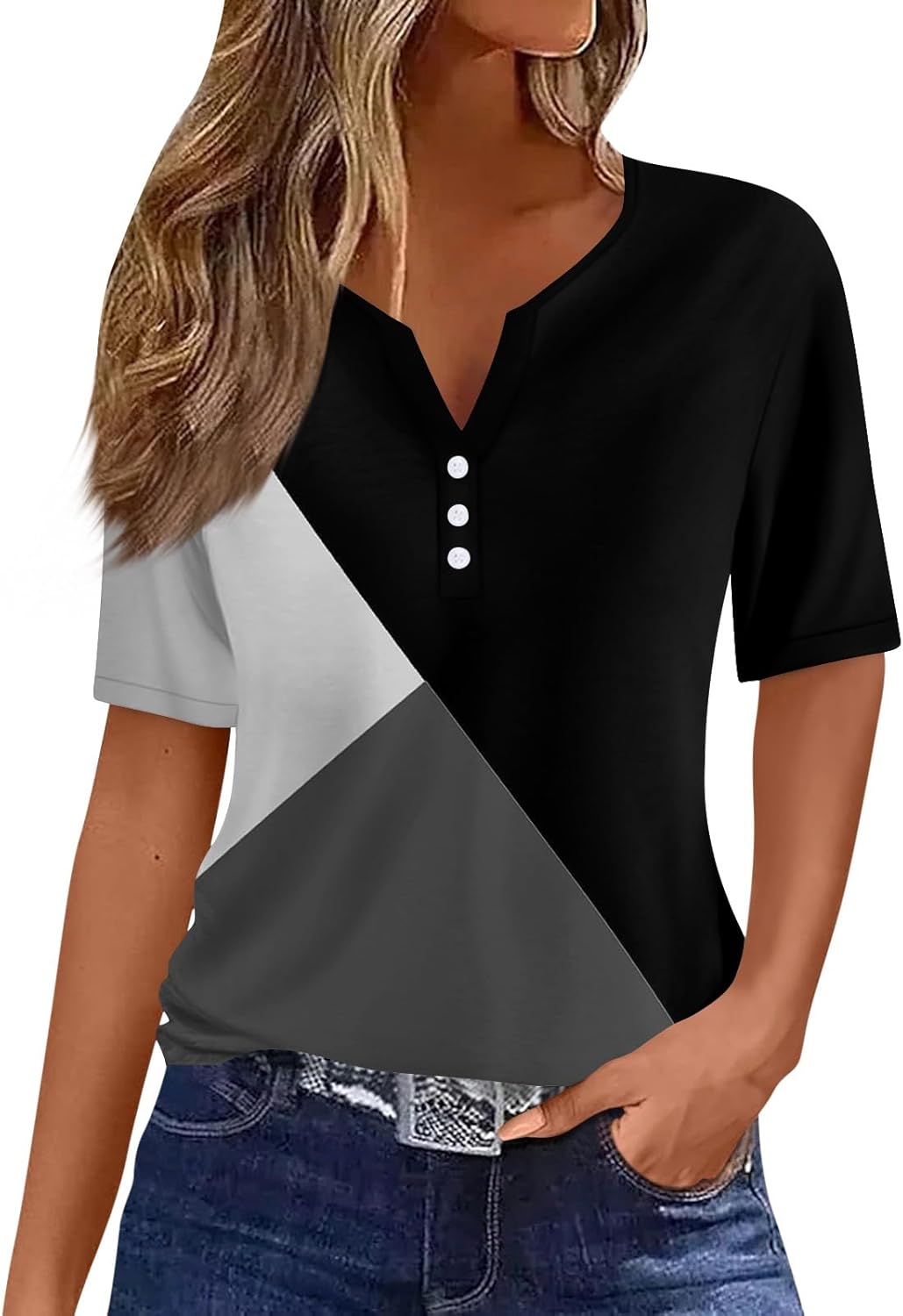 Generic Women Short Sleeve Tops 2024 Summer Casual V Neck Pullover Fashion Plus Size Blouse Tees Printed Button T Shirt 1-black X-Large