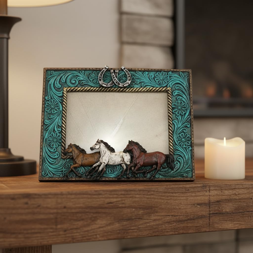 Comfy Hour 9.3" Running Horses Photo Frame with Horseshoe, Rustic Antique Vintage Blue Western Style Home Decor, Horse Figurine Picture Frame for Office, Resin