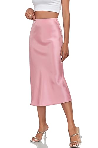 Women's Silk Satin Midi Skirts High Waist Elastic Ruffle Elegant