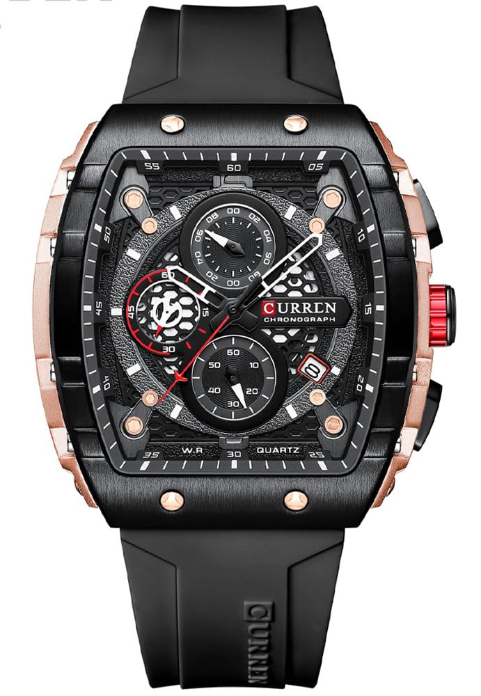 PASOY ラグジュアリークロノグラフウォッチ メンズ ラバーストラップ ブラック 防水 日付 アナログ クォーツウォッチ, ブラック///ホワイト, スポーツ