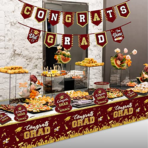 Image of Maroon and Gold Graduation Party Tableware Kit for 24 Guests Class of 2026 Graduates Decorations and Supplies with Congrats Grad Banner, Plates, Graduation Tablecloth, Napkins and More
