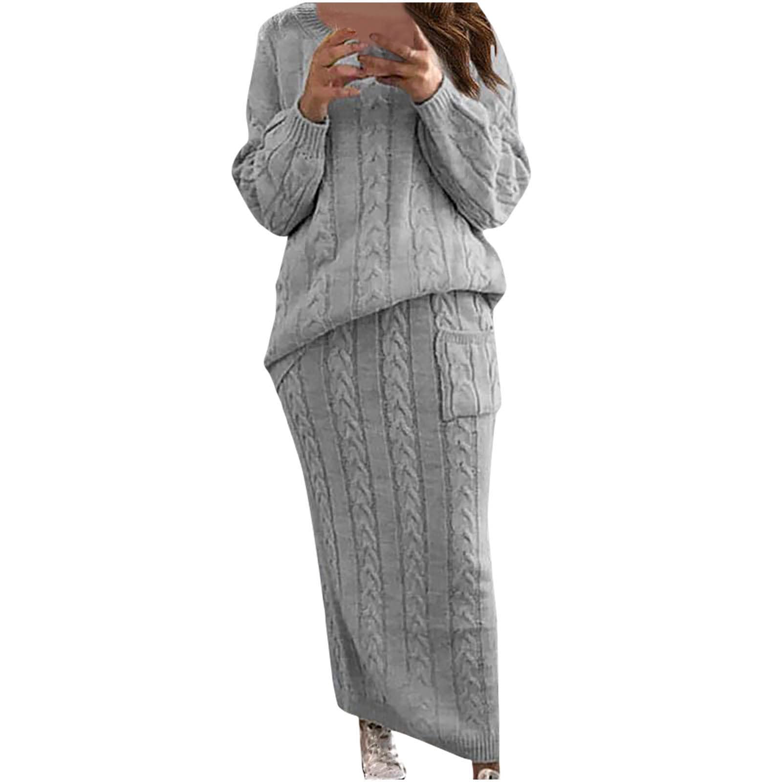 Skirt Sets Women 2 Piece Outfits Winter Chunky Cable Knit Long Sleeve Pullover Sweater and Bodycon Maxi Skirts Set