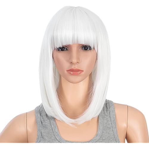 SWACC Short Straight Bob Wig with Bangs Synthetic Colorful Cosplay Daily Party Flapper Wig for Women with Wig Cap (White)