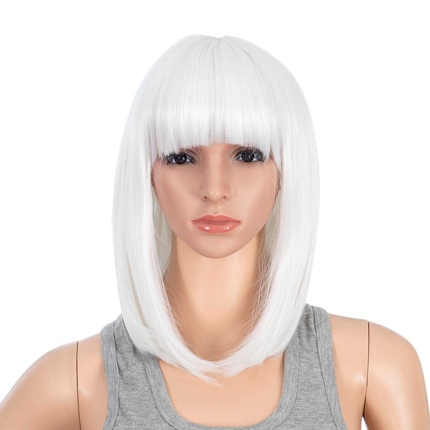 SWACC Short Straight Bob Wig with Bangs Synthetic Colorful Cosplay Daily Party Flapper Wig for Women with Wig Cap (White)