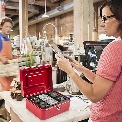 Vista 83 de KYODOLED Caja de dinero mediana con bandeja para dinero, pequeña caja de seguridad con llave, cajón de efectivo, 7.87 x 6.30 x 3.54 pulgadas, verde