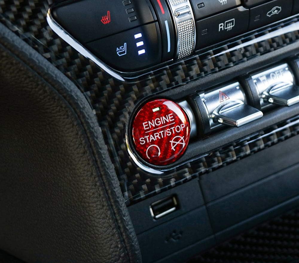 iJDMTOY Shelby Style Gloss Red Real Carbon Fiber Keyless Engine Start/Stop Push Start Button Cover Compatible with 2015-2022 Ford Mustang