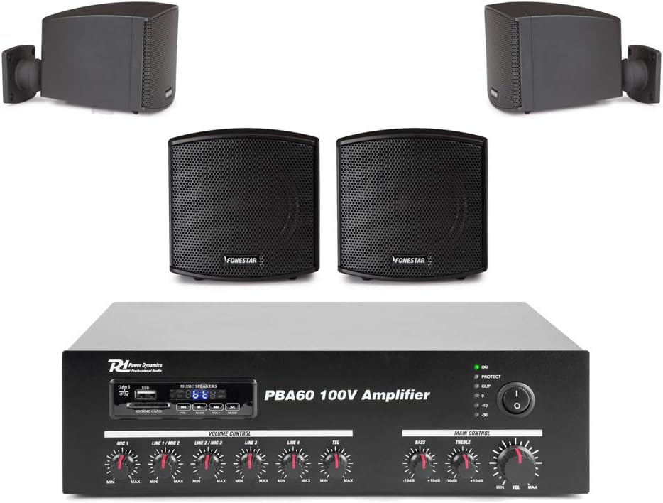 FONESTAR 100v Line Install PA Speaker and Amplifier Bluetooth Sound System CUBE-62T (x4)