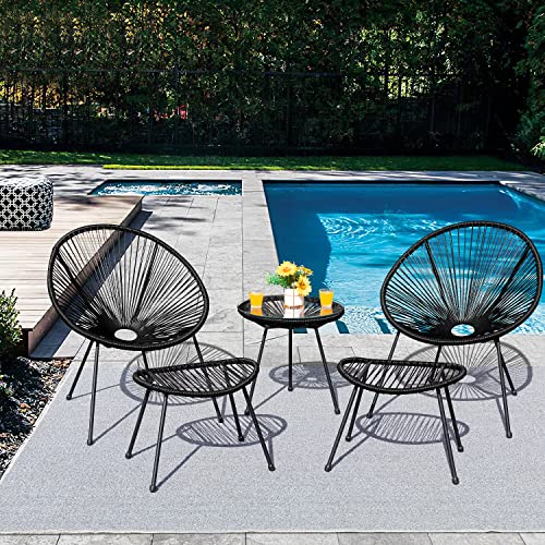 Devoko 5 Piece Outdoor Furniture Set Acapulco Modern All-Weather Conversation Set, 2 Chairs And 1 Glass Table With 2 Footrest For Indoor, Patio, Lawn, Garden, Poolside (Black) #TOP1