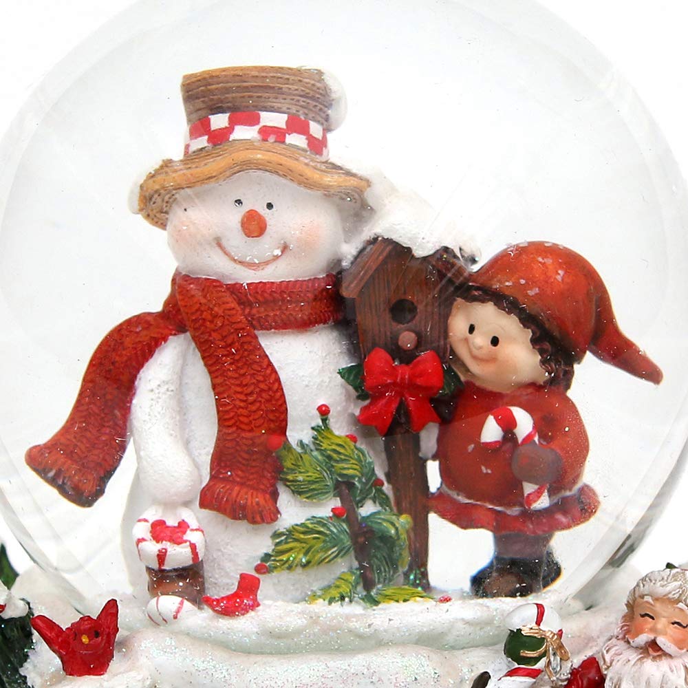 Dekohelden24 Kula śnieżna bałwanek z dzieckiem na misternie zdobionym cokole z zabawką, melodia: White Christmas, wymiary dł./szer./wys.: 12,5 x 12 x 14,5 cm kulka Ø 10 cm