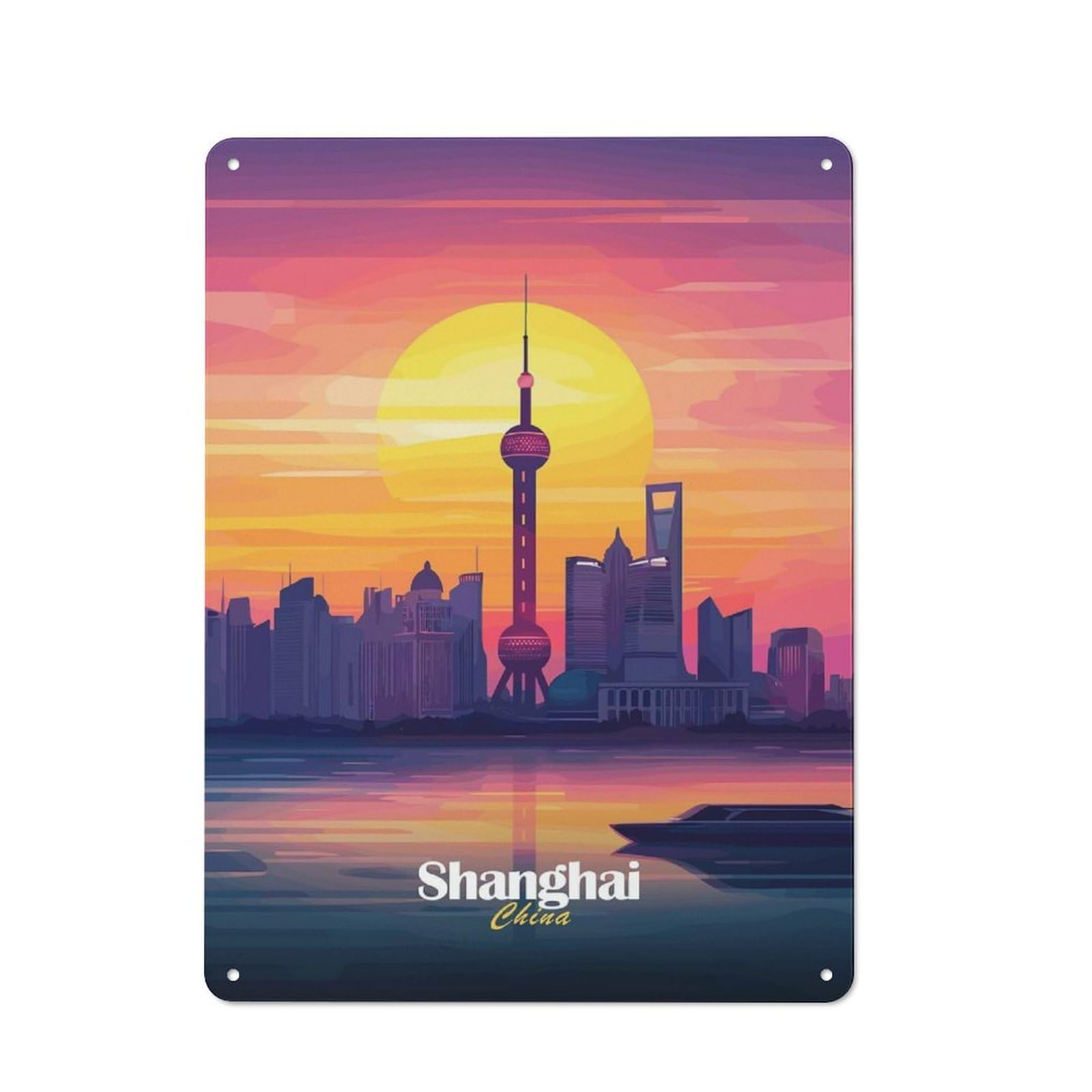 Junmoney Style-13 Old Style Shanghai Skyline Sunset Metal Sign 40X30cm, Bar Wall Plaque For Diner, Restaurant, Shed Or Kitchen