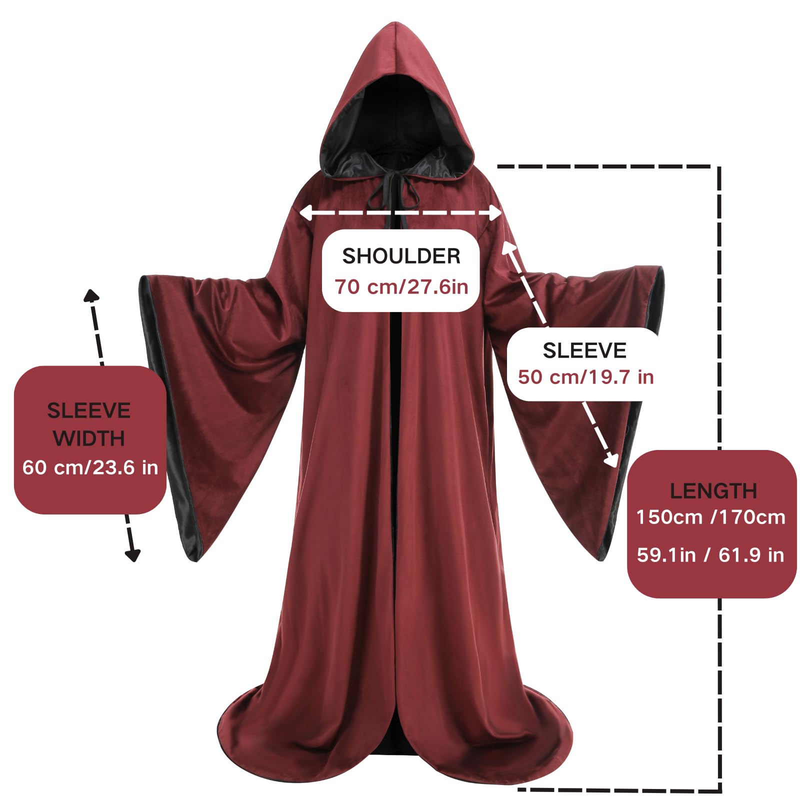 Reversible Adult Wizard Robe with Satin & Dutch Velvet Fabric,Double Sided Style Medieval Hooded Wizard Costume - Image 3