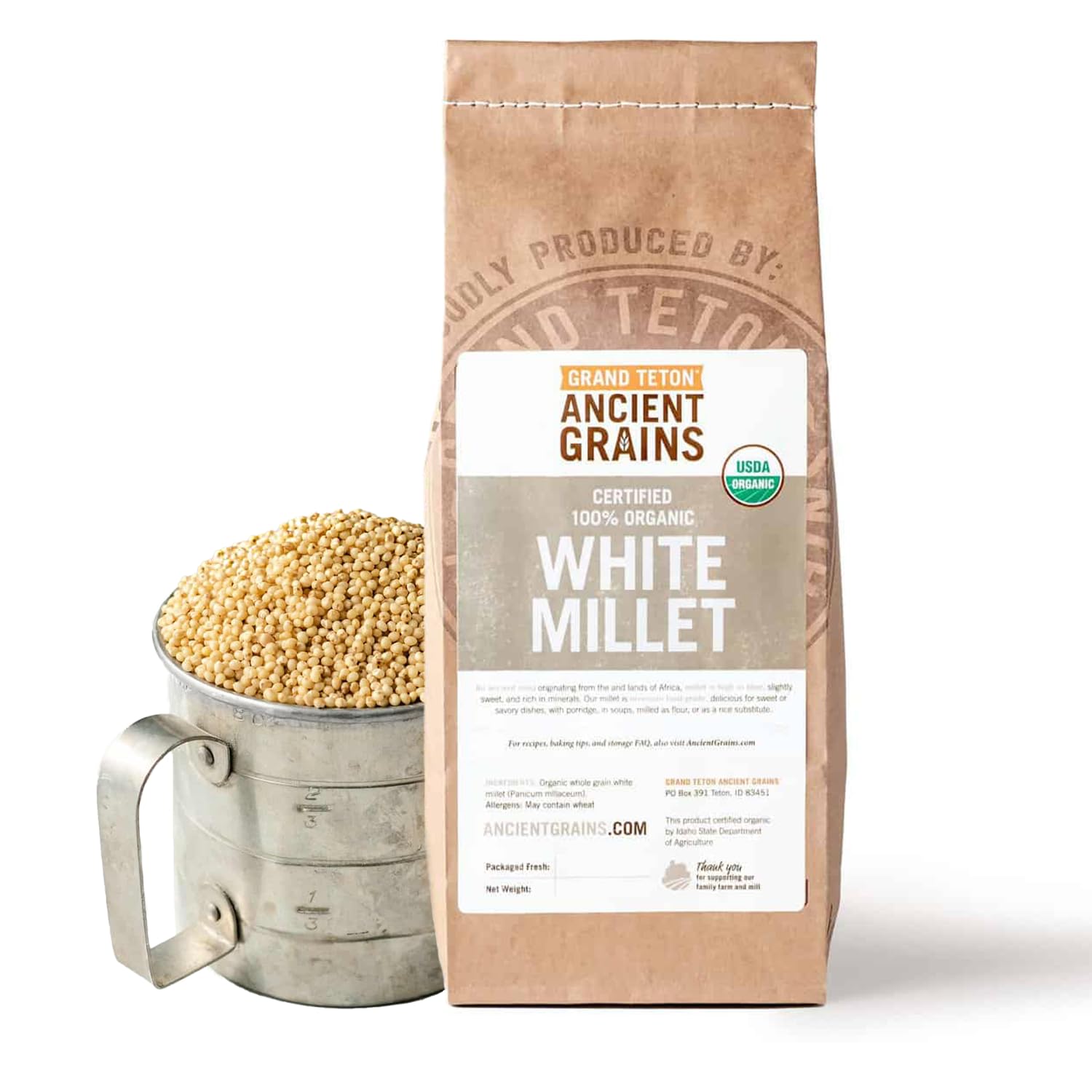 100% Organic White Millet by Grand Teton Ancient Grains | Shelled, Gluten-Free, Hulled Grain for Salads, Pilafs, & Soups | Whole Grain Ready for
