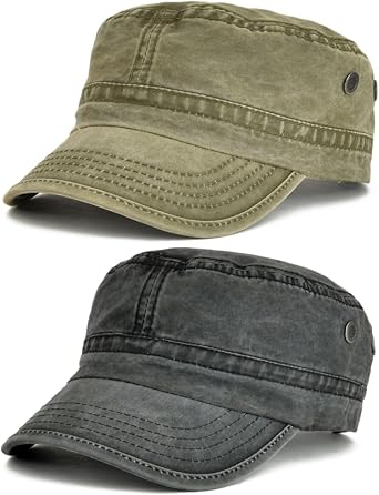 FEINION Washed Cotton Cadet Cap Vintage Flat Military Hat