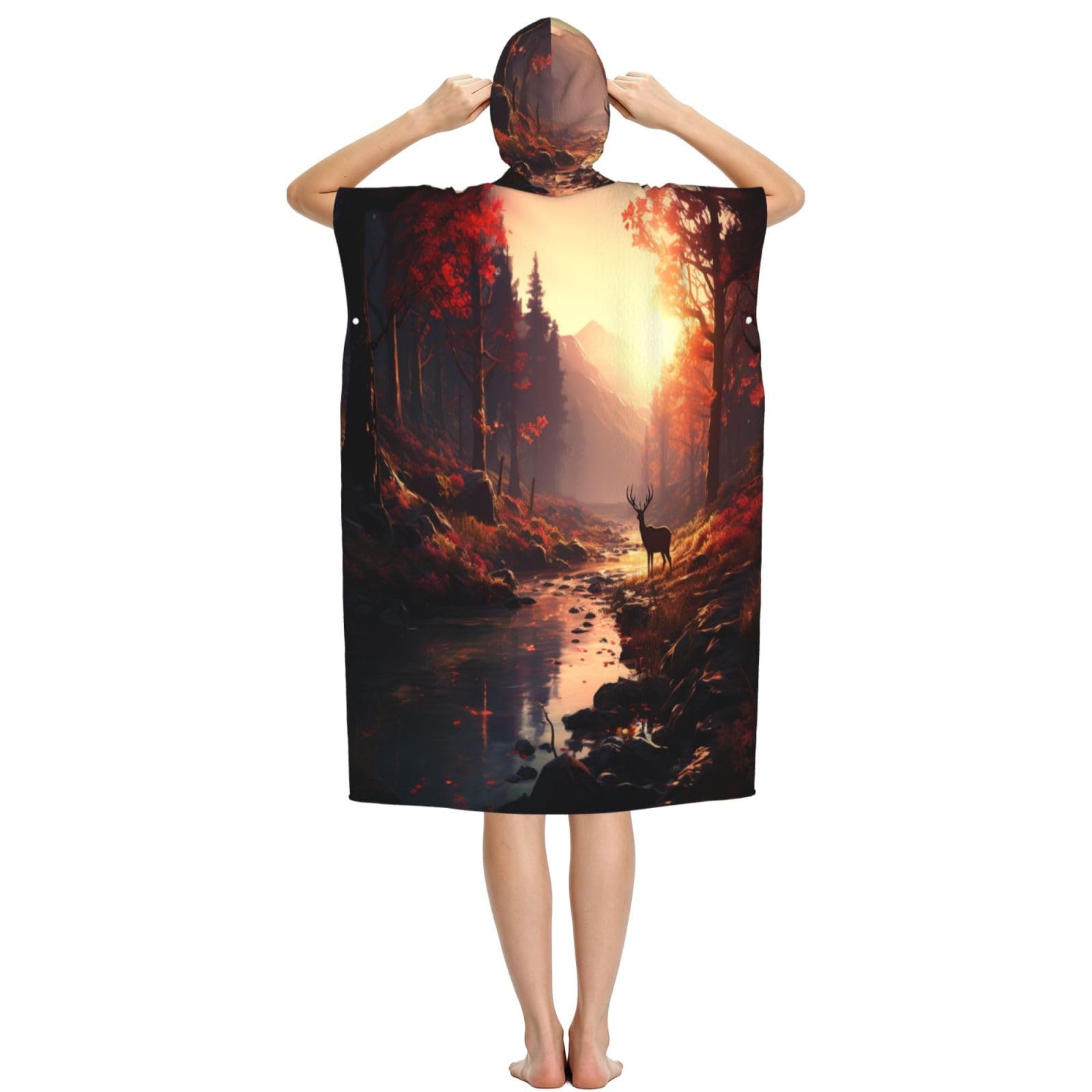 Poncho de plage à capuche pour adulte Motif cerf dans la forêt de feuilles rouges 109 x 89 cm