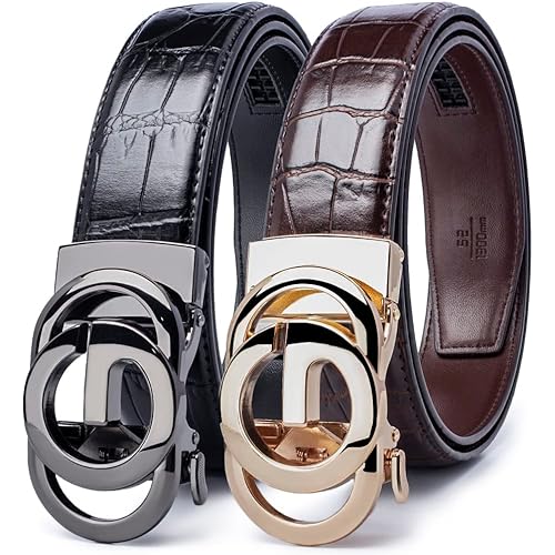 Ratchet Belts for Men 2 Pack Adjustable Designer Belts for Suits and Jeans 1 3/8" in Gift Box, Trim to Fit