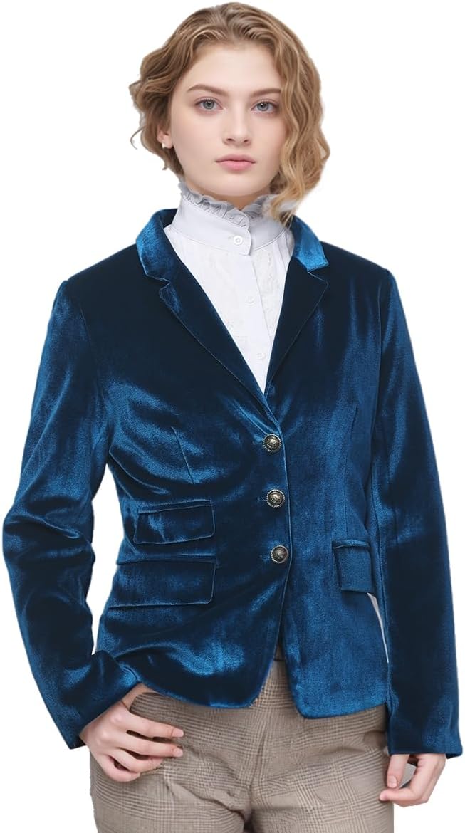 Women Vintage Velvet Blazer Jacket V-Neck Work Office Suit Slim Fit Slit Blazer Long Sleeves Dressy Coat - Image 2
