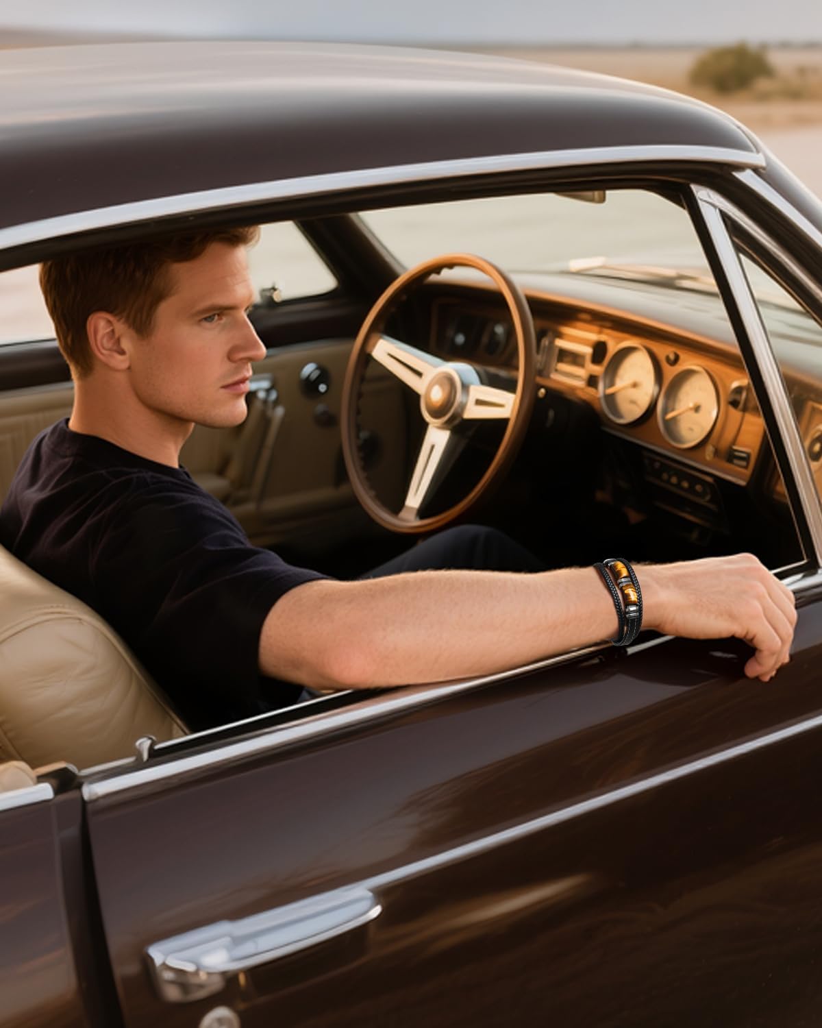 Tiger Eye Black Leather Bracelet Vintage Natural Handmade Gemstone Stone Jewelry with Stainless Steel Three-Layer Leather Rope Braided Cuff Bracelet for Men - Image 3