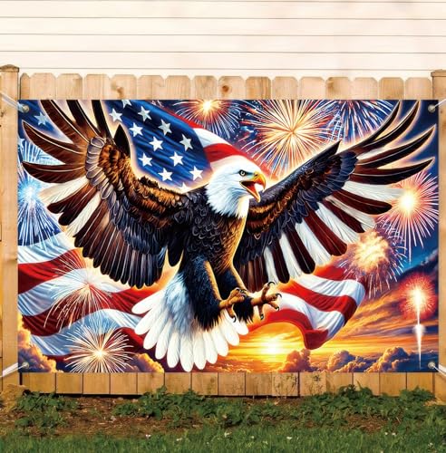 Image of America Independence Day Backdrop Banner 71 x 43 Inch US Flag Bald Eagle Patriotic National Holiday Backdrop Veterans Day Memorial Day Party Banner Supplies Independence Day Themed Party