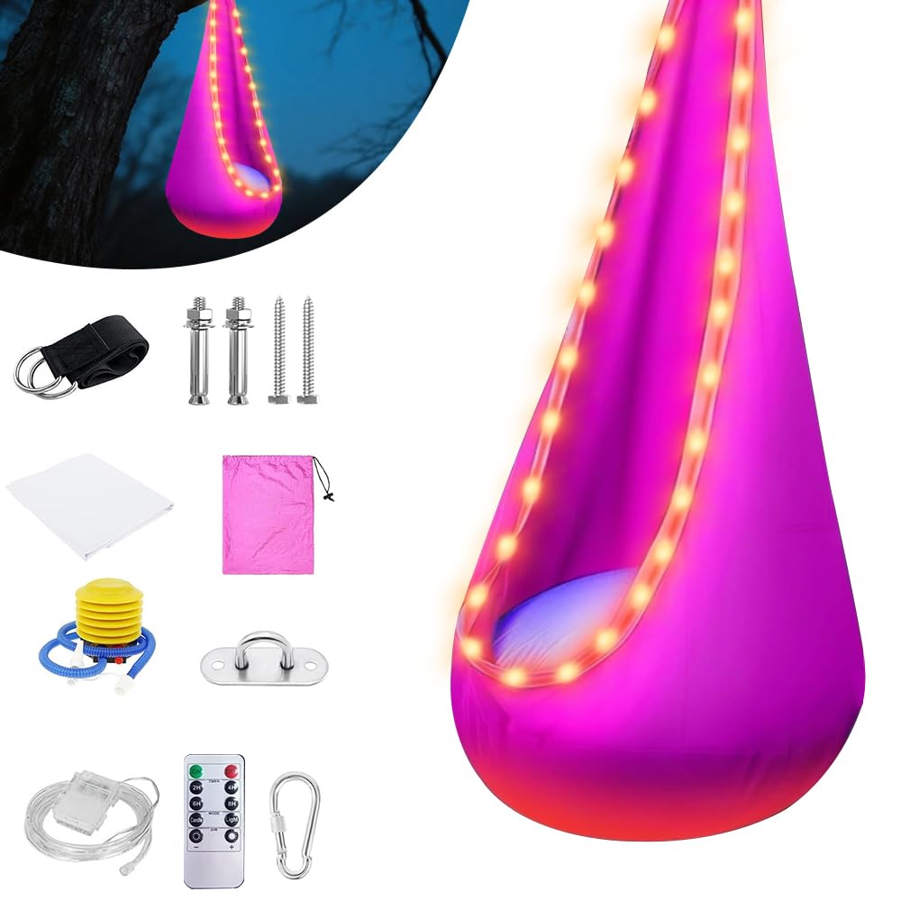 Cueva colgante, asiento de columpio con LED y cojín inflable, asiento colgante con bomba, soporta hasta 80 kg – 70 x 150 cm (rosa)