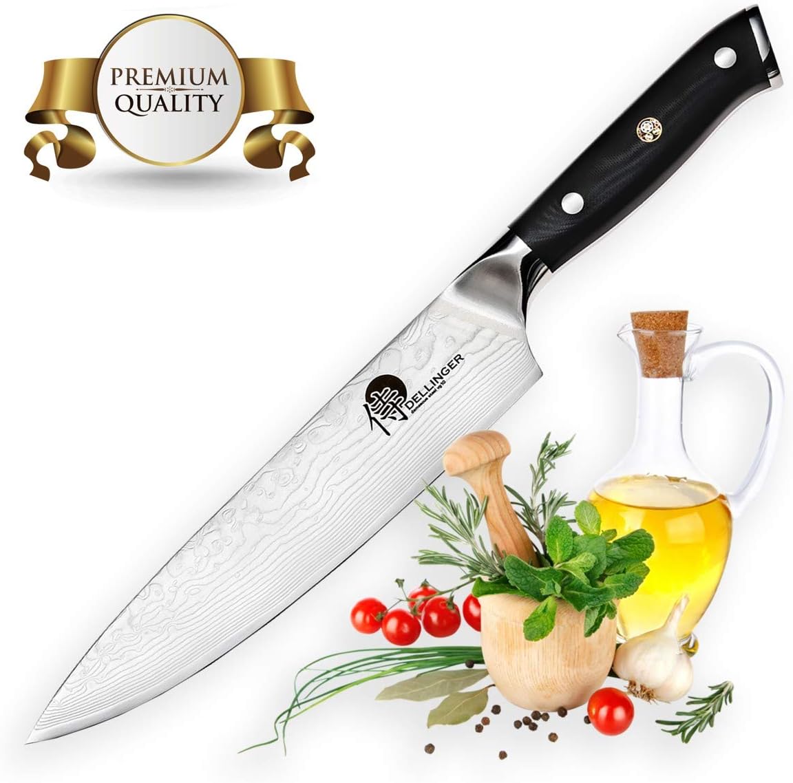 DELLINGER Damascus Pro Chef Knife - 8 Inch (200 mm) Cutlery Samurai Series Sharp Knife 67 Layers VG-10 Damascus Steel with Gift Box