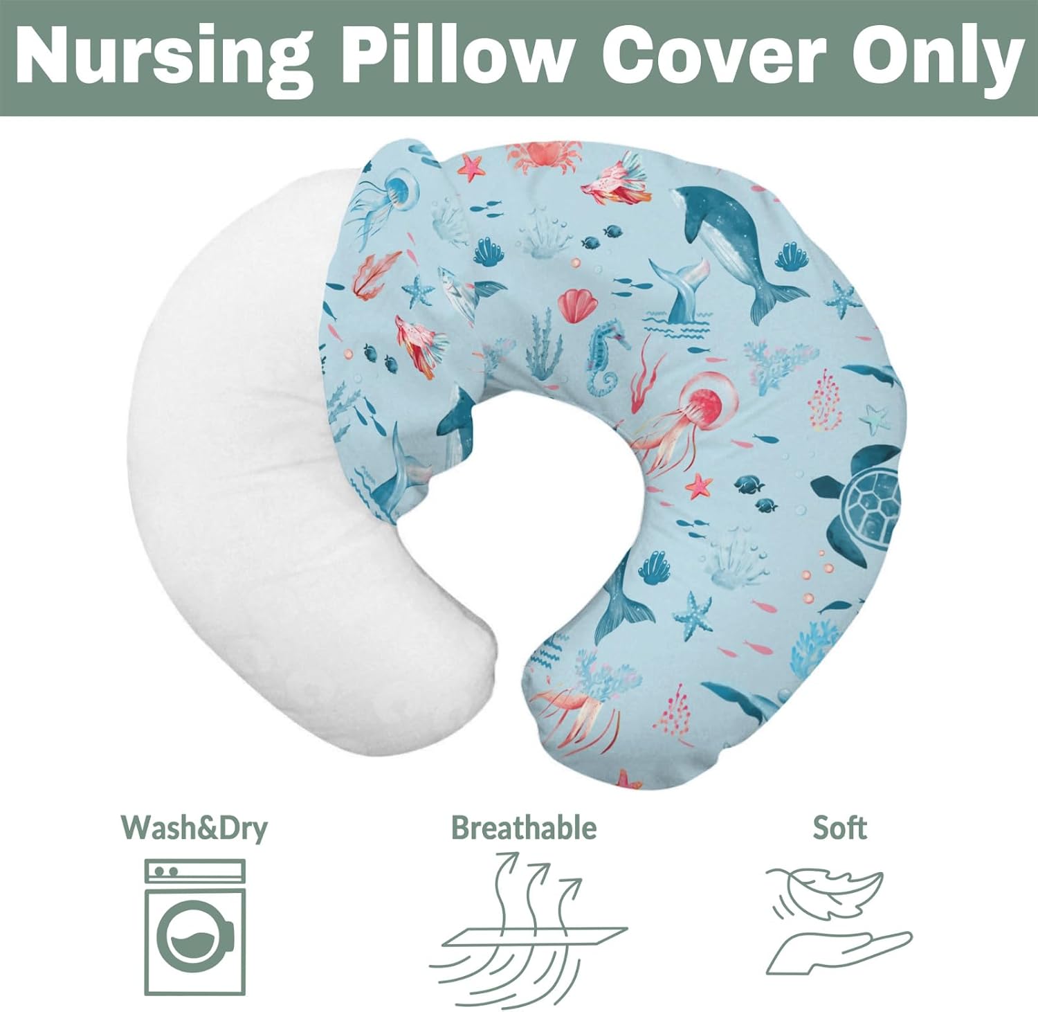 Cute Sea Animals Baby Nursing Pillow Covers for Boy Girl Turtle Whale Jellyfish Sea Horse Nursery Pillowcase for Breastfeeding Pillows Ocean Marine Soft Stretchy Slipcovers for Newborn Infant