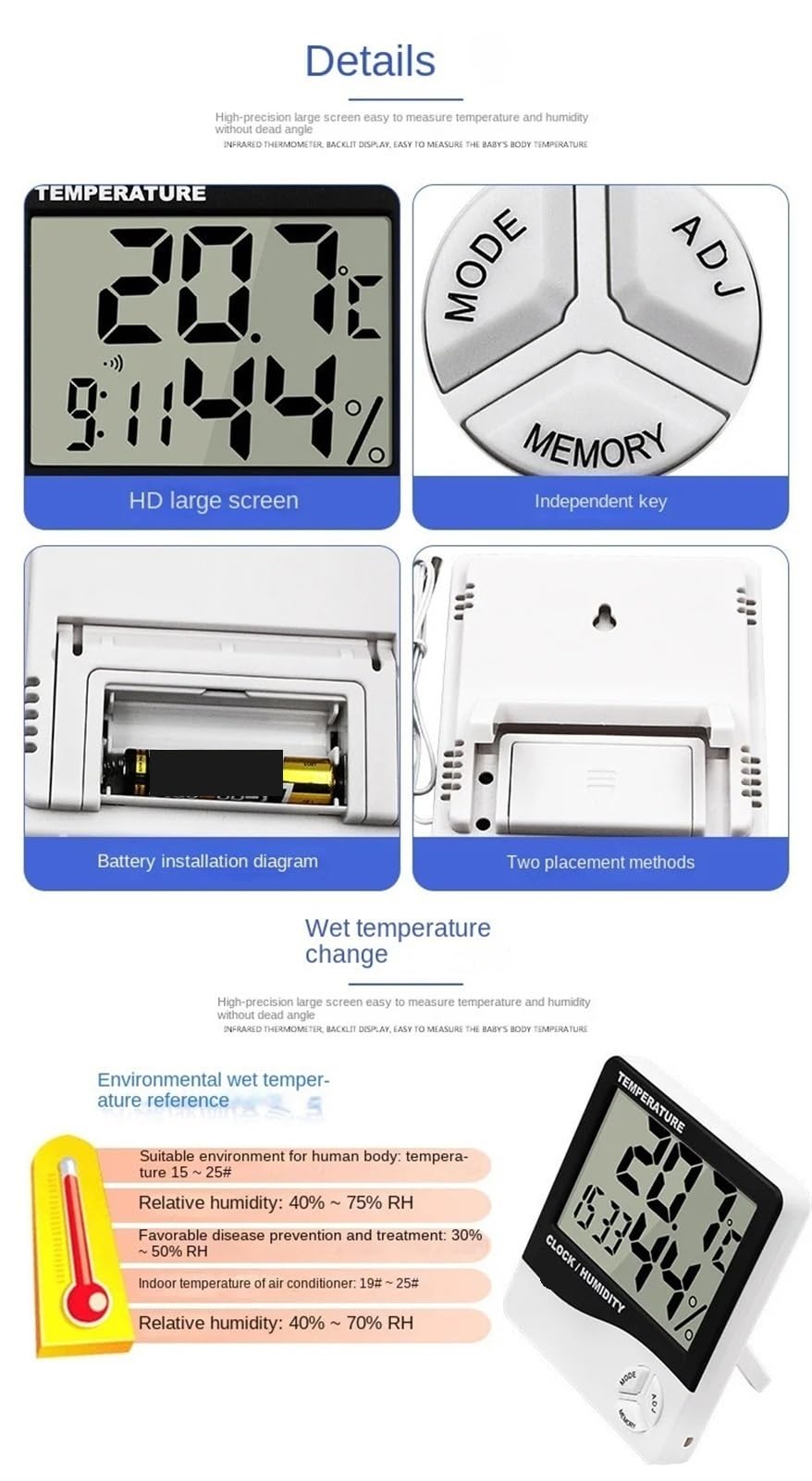 Higrómetro digital de interior, Termómetro de habitación 20 piezas Medidor de humedad de precisión Reloj despertador for niños Negro Blanco