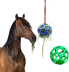 LinaLife Pacote com 2 bolas de brinquedo para alimentação de feno de 14 cm, para evitar o tédio, pendurar para cabras, ovelhas, aliviar o estresse, cavalo