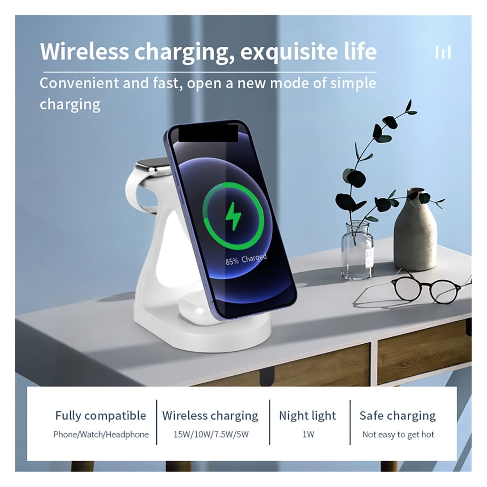 Magnetyczna ładowarka bezprzewodowa 3 w 1 Lampka nocna do telefonu Magnet Bezprzewodowe ładowarki zegarka/słuchawek,Uniwersalna kompatybilność(Black with plug)